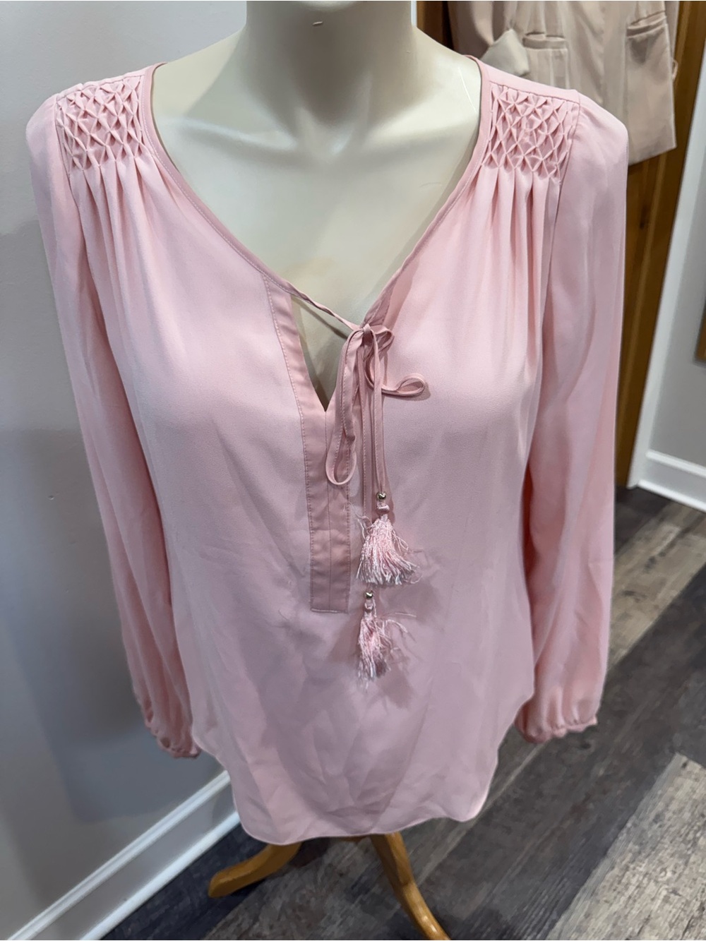 White House Black Market Light Pink Tie-Front Long Sleeve Blouse
